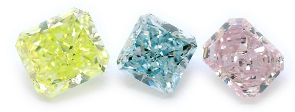 A yellow, pink and blue diamond